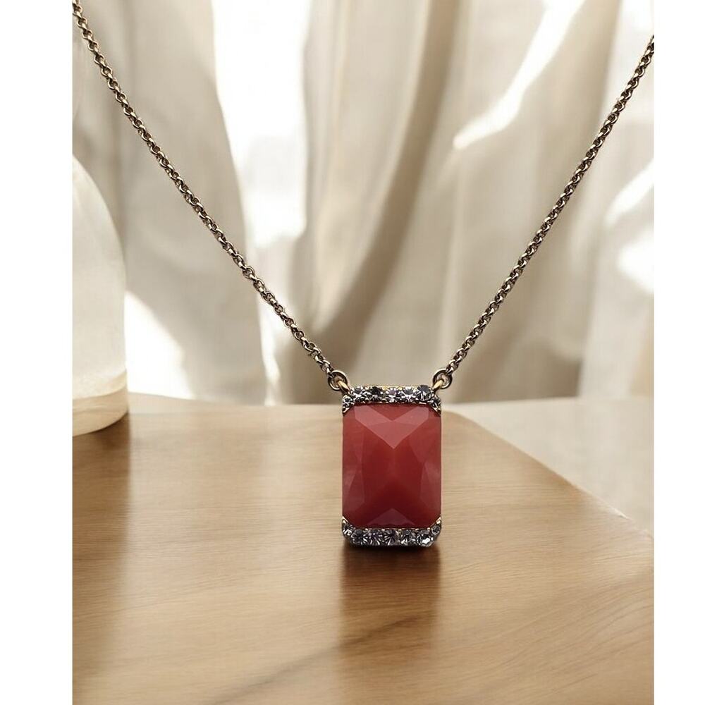 Monet Red Pendant Necklace Gold Tone Rhinestone Accent Classic Romantic Elegant